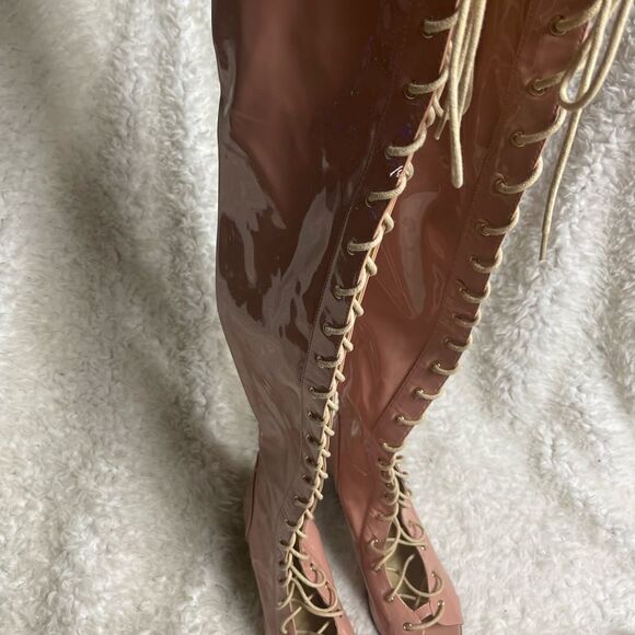 Cape Robbin light Pink Patent Synthetic Thigh High LaceUp Chunky Heel Bo… - Picture 5 of 12